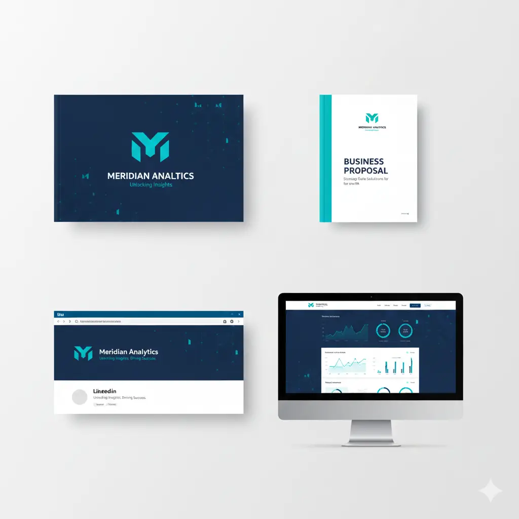 Brand Identity Mistakes Sabotaging Your Sales in 2025 (And How to Fix Them Now) B2B data analytics company brand identity including presentations, proposals, LinkedIn banner, and website interface