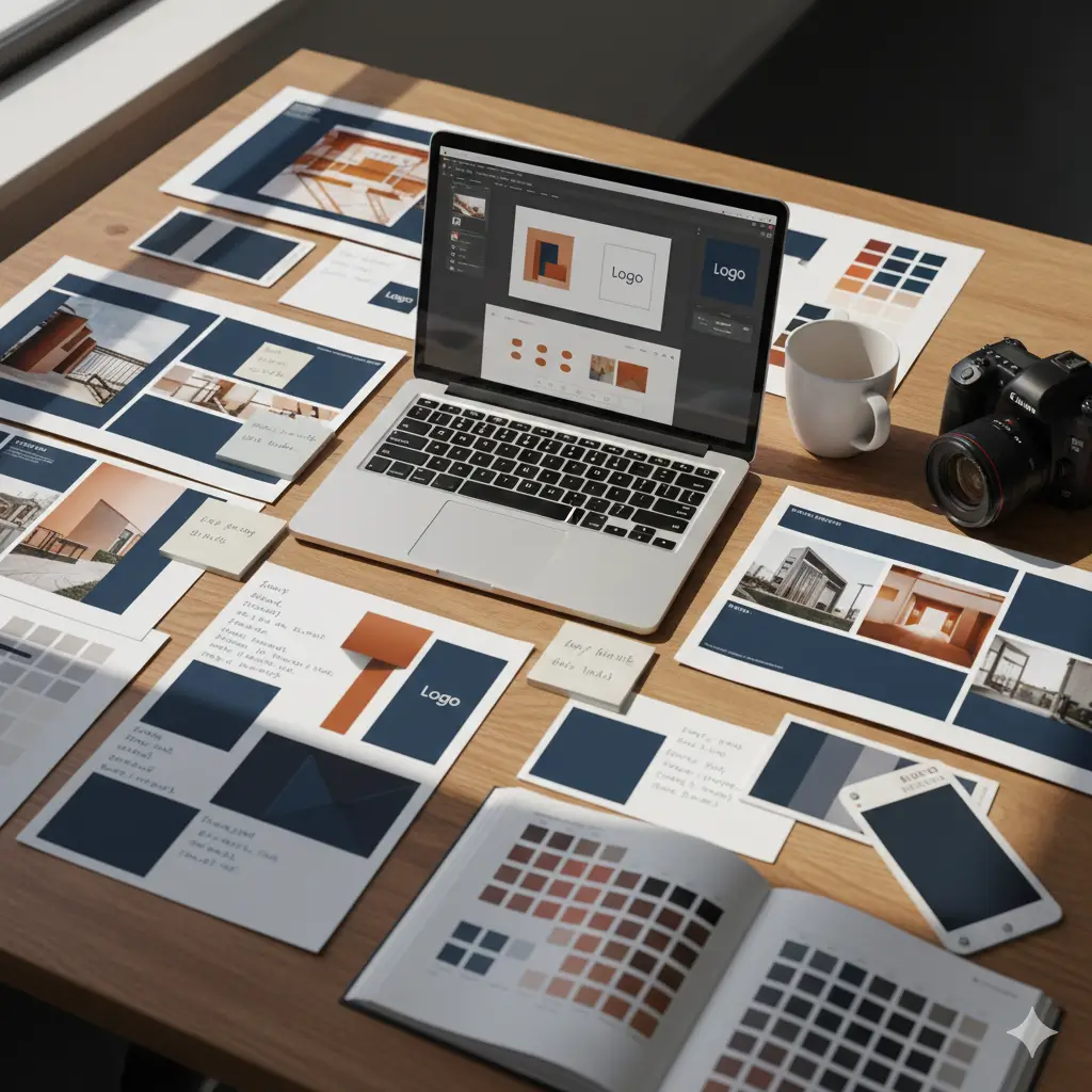 Brand Identity Mistakes Sabotaging Your Sales in 2025 (And How to Fix Them Now) Brand strategy workspace with laptop, mood boards, logo sketches, and design tools during creative process