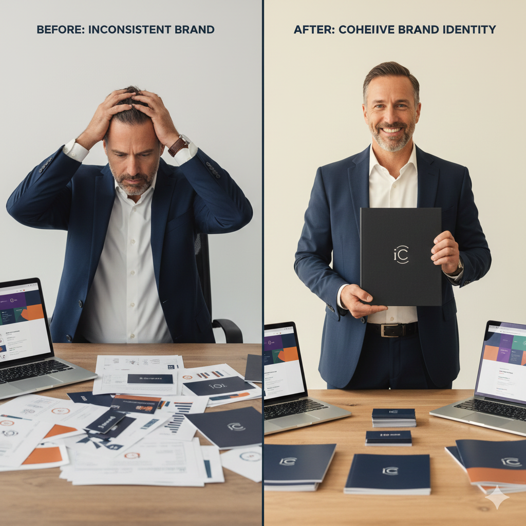 Brand Identity Mistakes Sabotaging Your Sales in 2025 (And How to Fix Them Now) Business owner before and after brand identity showing transformation from frustrated to confident