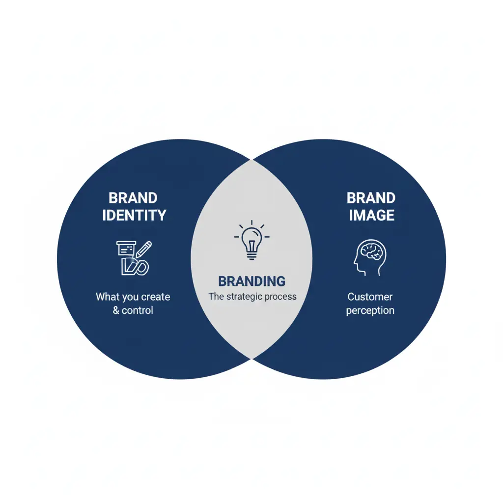 Brand Identity Mistakes Sabotaging Your Sales in 2025 (And How to Fix Them Now) Brand identity vs branding vs brand image diagram showing three overlapping concepts