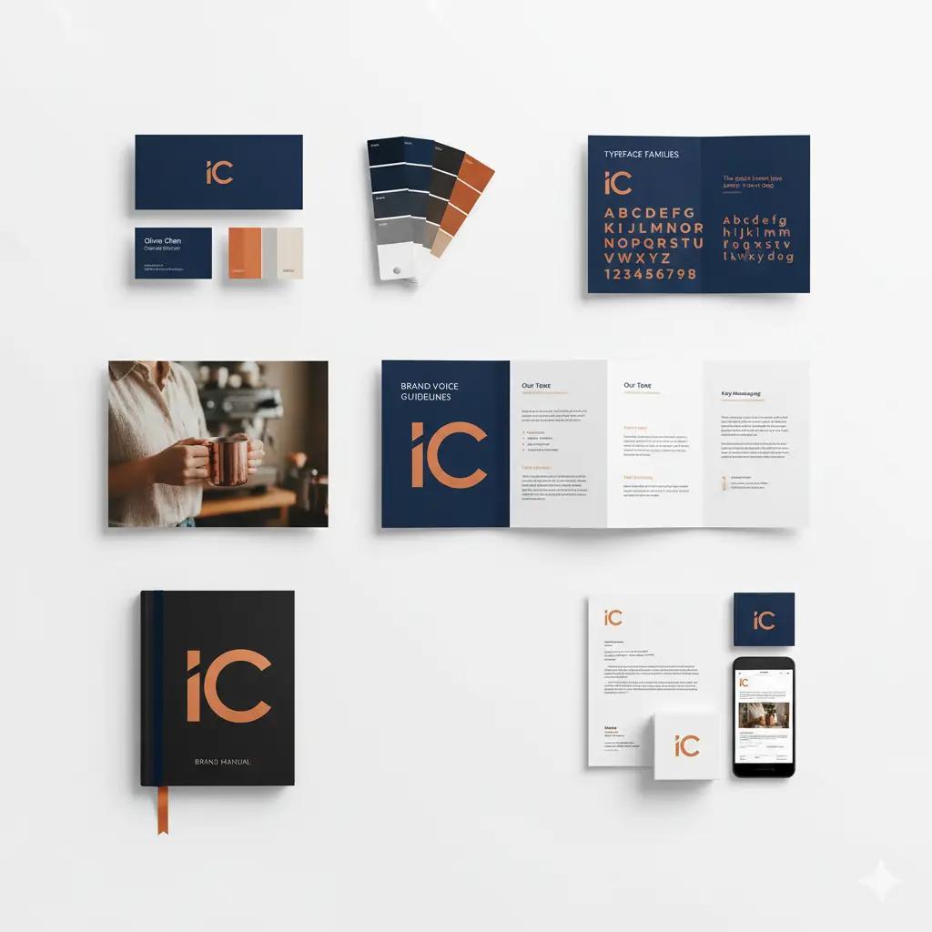 Brand Identity Mistakes Sabotaging Your Sales in 2025 (And How to Fix Them Now) Seven core brand identity elements including logo, colors, typography, imagery, voice guidelines, and applications