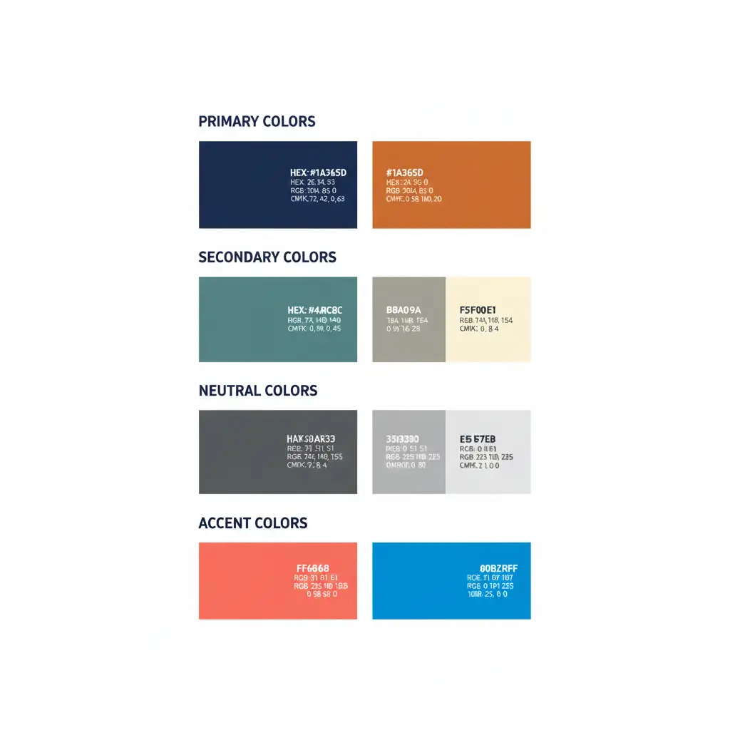 Brand Identity Mistakes Sabotaging Your Sales in 2025 (And How to Fix Them Now) Brand color palette system showing primary, secondary, neutral, and accent colors with hex codes