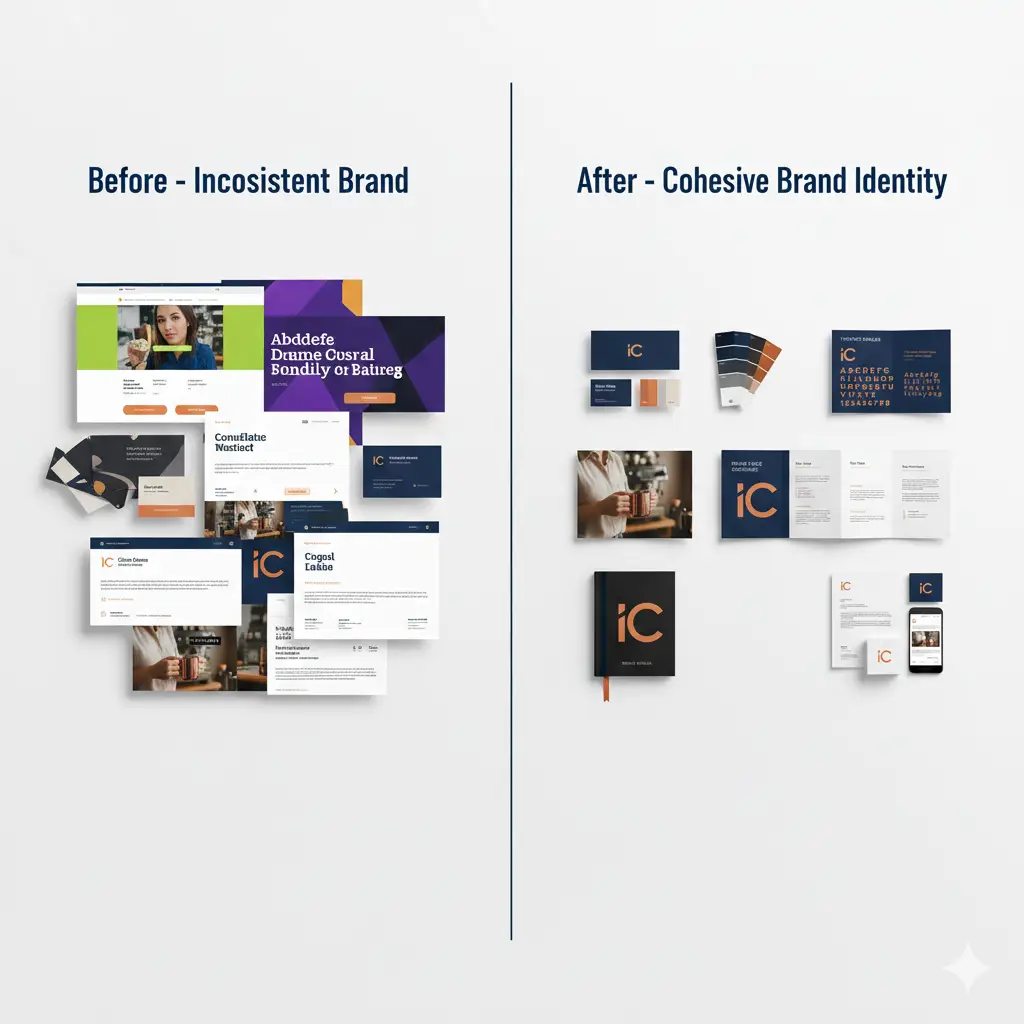 Brand Identity Mistakes Sabotaging Your Sales in 2025 (And How to Fix Them Now) Before and after brand identity comparison showing inconsistent vs cohesive professional branding