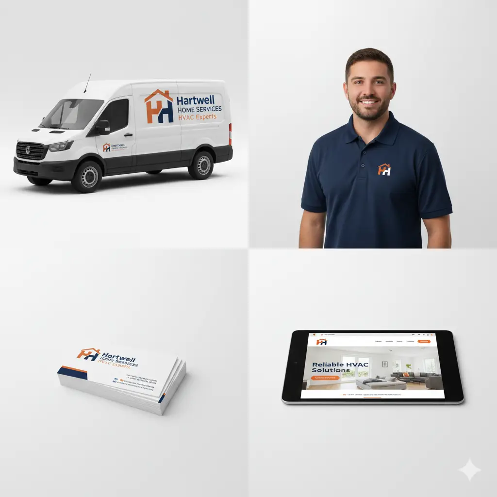 Brand Identity Mistakes Sabotaging Your Sales in 2025 (And How to Fix Them Now) HVAC company brand identity mockup featuring truck wrap, uniforms, business cards, and mobile website
