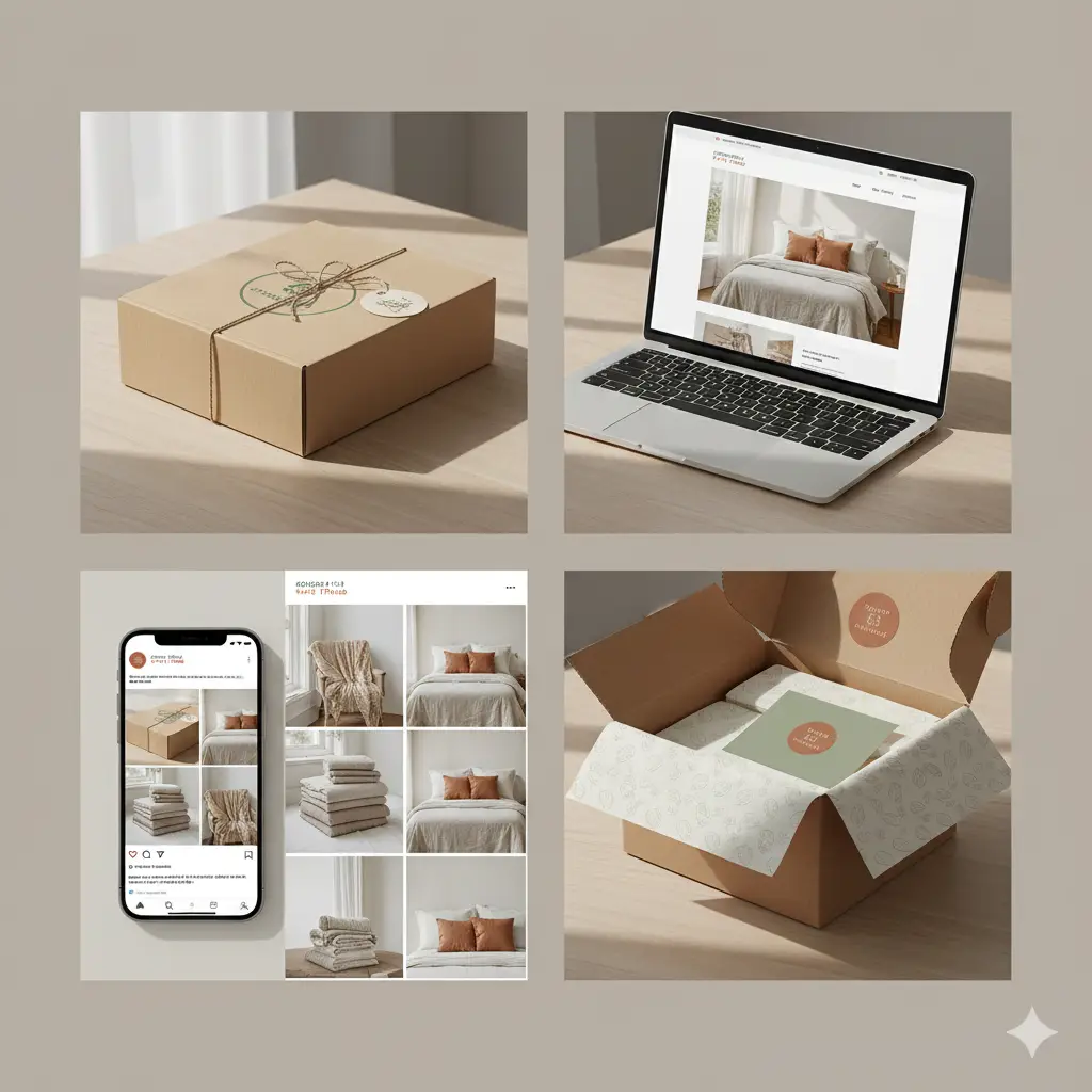 Brand Identity Mistakes Sabotaging Your Sales in 2025 (And How to Fix Them Now) Sustainable home textiles e-commerce brand identity with packaging, website, Instagram, and shipping materials