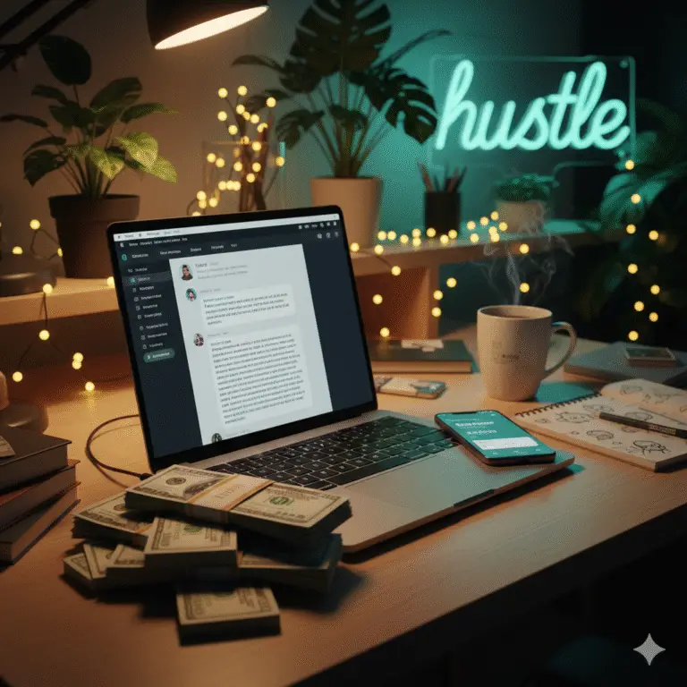 The Brutal Truth About Making Money with ChatGPT ($3K Reality Check) How to make money with ChatGPT - laptop showing AI conversation with $3,000 monthly income in cash on desk